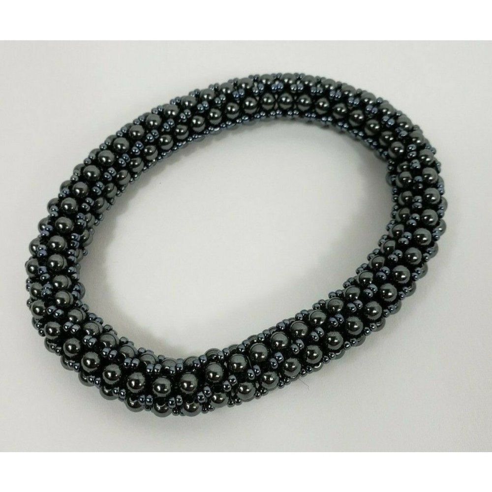 Handmade Slip On Fashion Bracelet Glass Seed Bead Woven Tube Metallic Blue Color